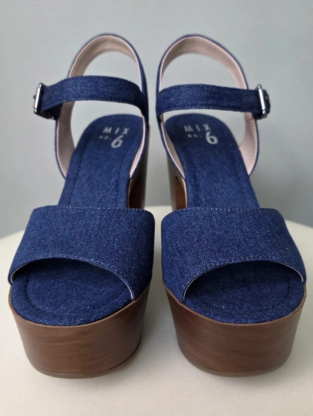 MIX No. 6 Carinda Denim Platform Sandals Indigo Blue Chunky Wood Heel 7.5M NEW